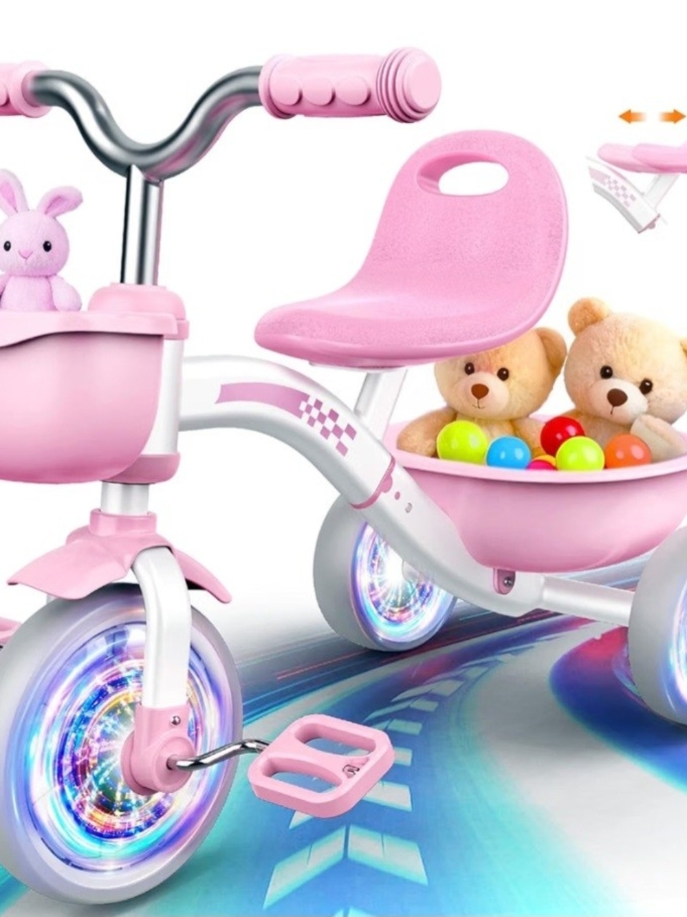 Pink Kids Tricycle with Light-Up Wheels and Storage